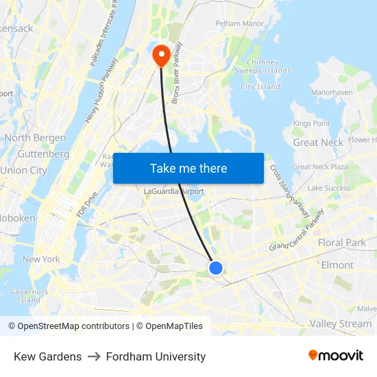 Kew Gardens to Fordham University map