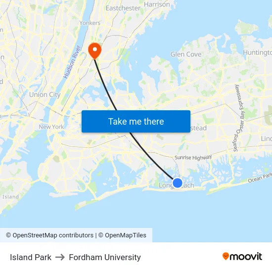 Island Park to Fordham University map