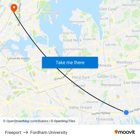 Freeport to Fordham University map