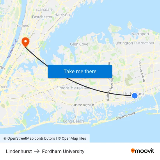 Lindenhurst to Fordham University map