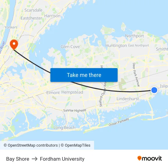 Bay Shore to Fordham University map