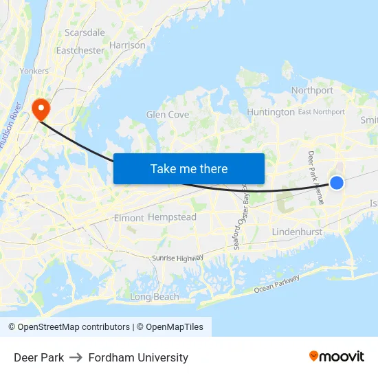 Deer Park to Fordham University map