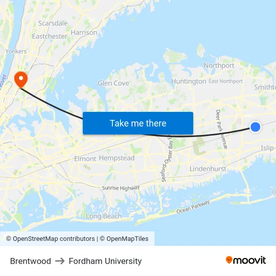 Brentwood to Fordham University map