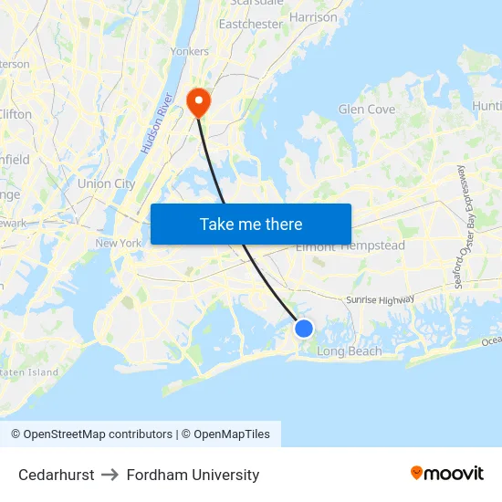Cedarhurst to Fordham University map