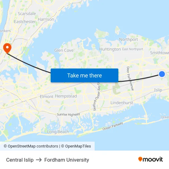 Central Islip to Fordham University map