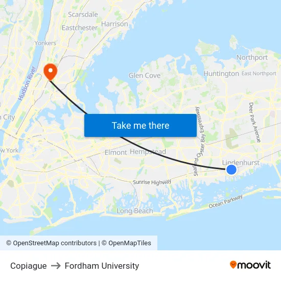 Copiague to Fordham University map