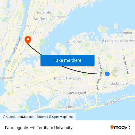 Farmingdale to Fordham University map