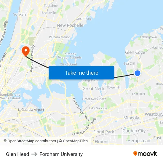 Glen Head to Fordham University map