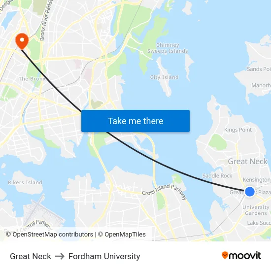 Great Neck to Fordham University map