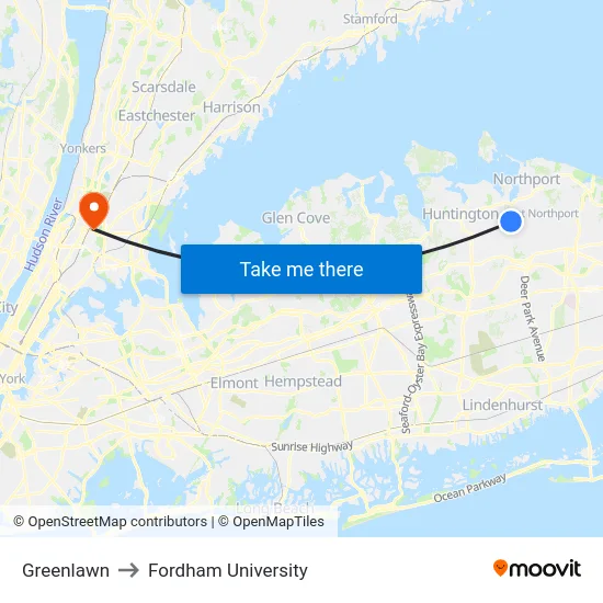 Greenlawn to Fordham University map