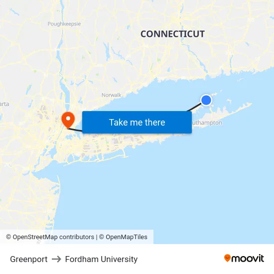 Greenport to Fordham University map