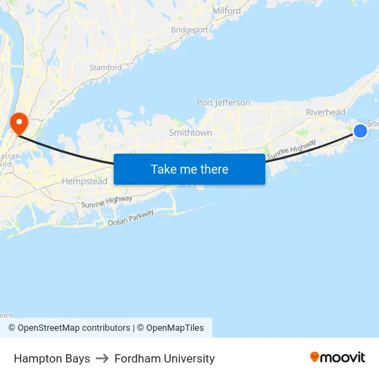 Hampton Bays to Fordham University map
