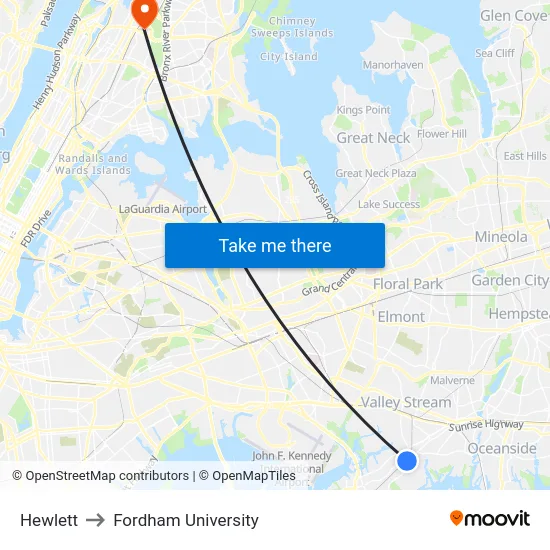 Hewlett to Fordham University map