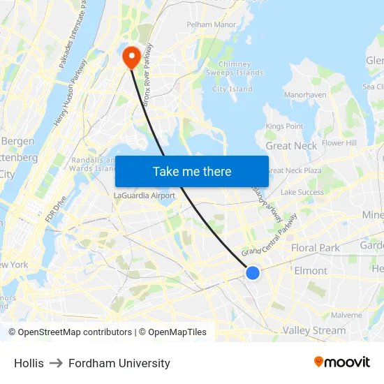 Hollis to Fordham University map