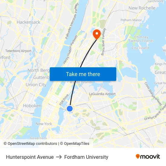 Hunterspoint Avenue to Fordham University map