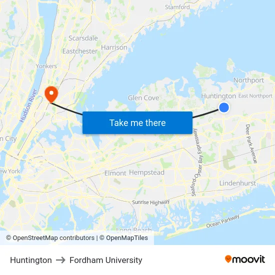Huntington to Fordham University map