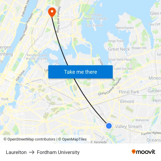 Laurelton to Fordham University map