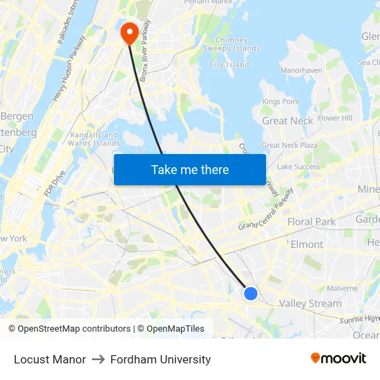 Locust Manor to Fordham University map