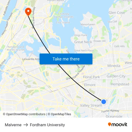 Malverne to Fordham University map