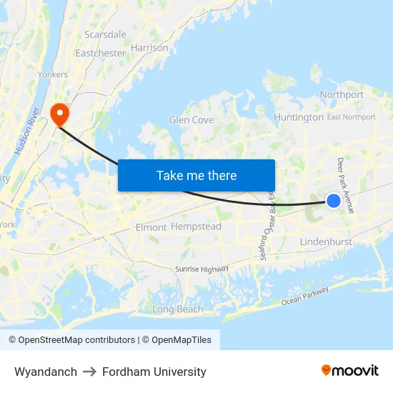 Wyandanch to Fordham University map