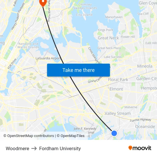 Woodmere to Fordham University map