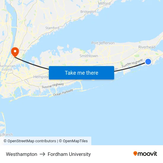 Westhampton to Fordham University map