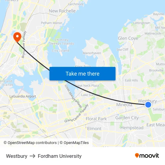 Westbury to Fordham University map