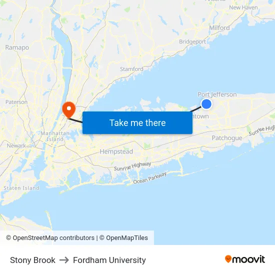 Stony Brook to Fordham University map