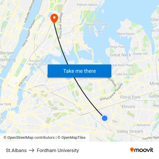St.Albans to Fordham University map