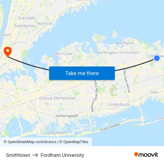 Smithtown to Fordham University map