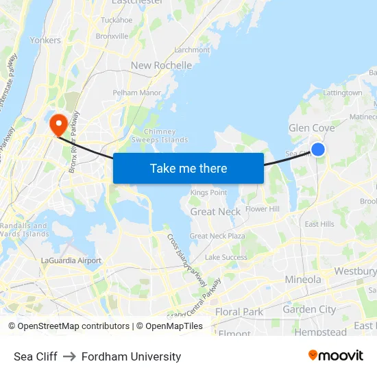 Sea Cliff to Fordham University map