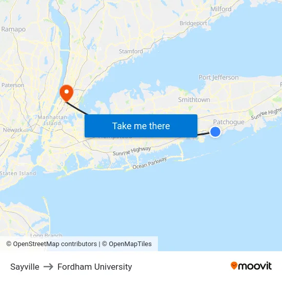 Sayville to Fordham University map