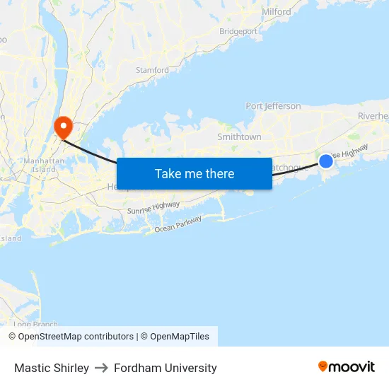 Mastic Shirley to Fordham University map