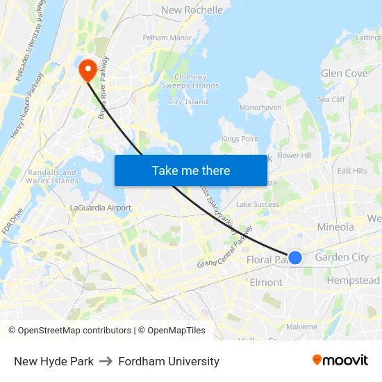 New Hyde Park to Fordham University map