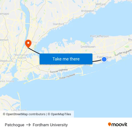 Patchogue to Fordham University map