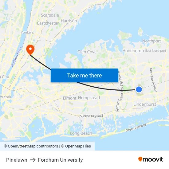 Pinelawn to Fordham University map