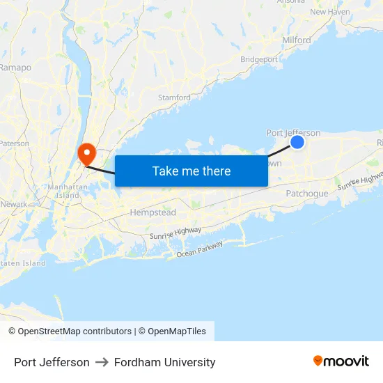 Port Jefferson to Fordham University map