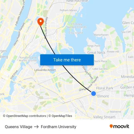 Queens Village to Fordham University map