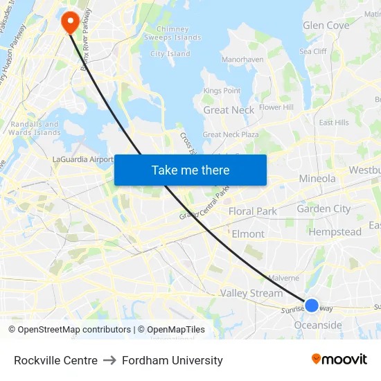 Rockville Centre to Fordham University map