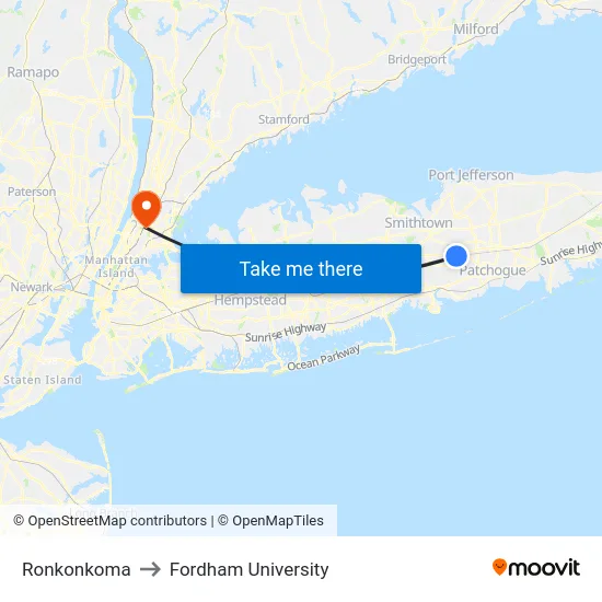 Ronkonkoma to Fordham University map