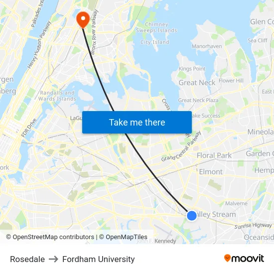 Rosedale to Fordham University map