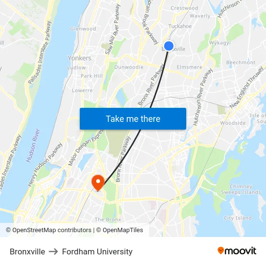 Bronxville to Fordham University map