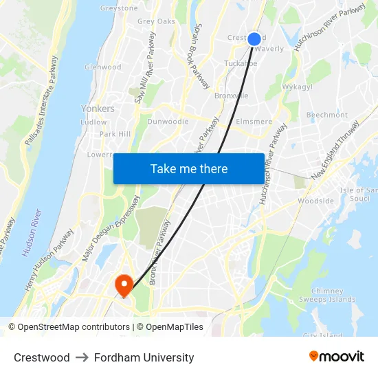 Crestwood to Fordham University map