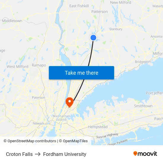 Croton Falls to Fordham University map