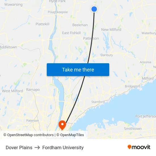 Dover Plains to Fordham University map