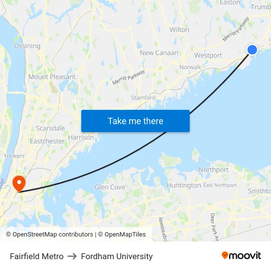 Fairfield Metro to Fordham University map
