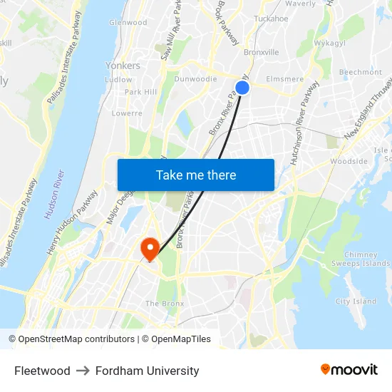 Fleetwood to Fordham University map