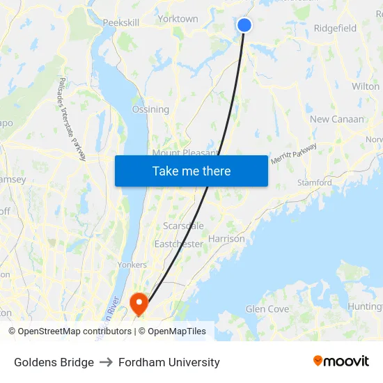 Goldens Bridge to Fordham University map