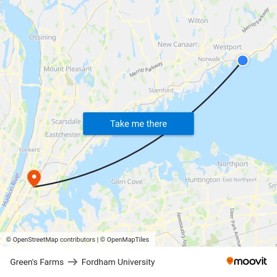Green's Farms to Fordham University map
