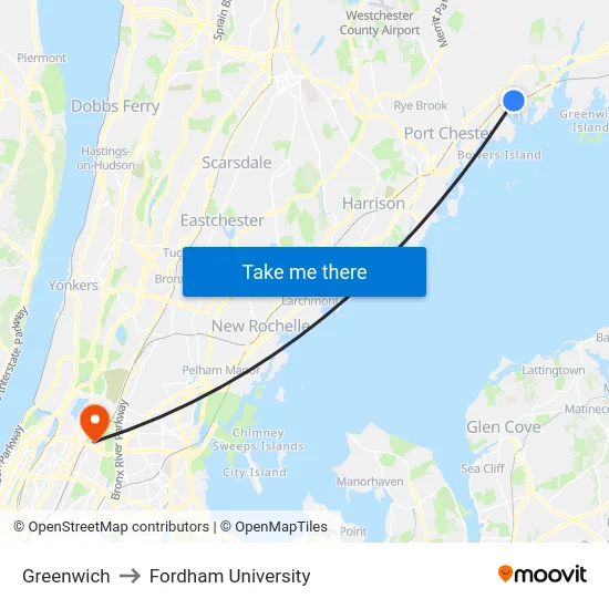 Greenwich to Fordham University map
